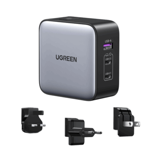 Ugreen Cargador Nexode 65W GaN Fast Charger 2 USB-C / 1 USB-A con Enchufe US/UK/EU Travel