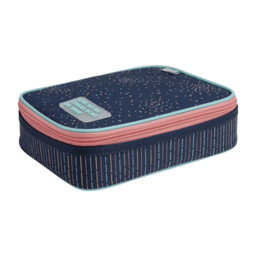 Tilibra Estuche Box para 100 Lápices con Divisor y Elástico Organizador Dots Azul