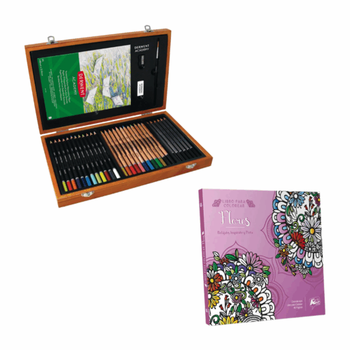 Kit Libro para Colorear Mandalas Flores + Set Lápices en Caja de Madera Derwent