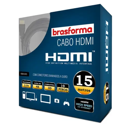 Brasforma HDMI5015 Cable HDMI de Alta Definición 15 Metros 4K 2.0 3D 19 Pinos