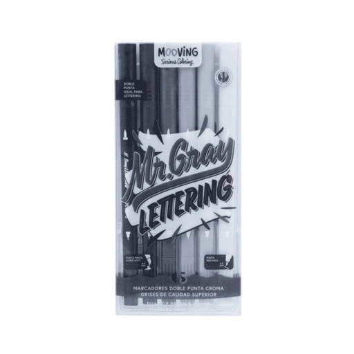 Mooving - Estuche 6 Brush Doble Punta Escala Grises Premium