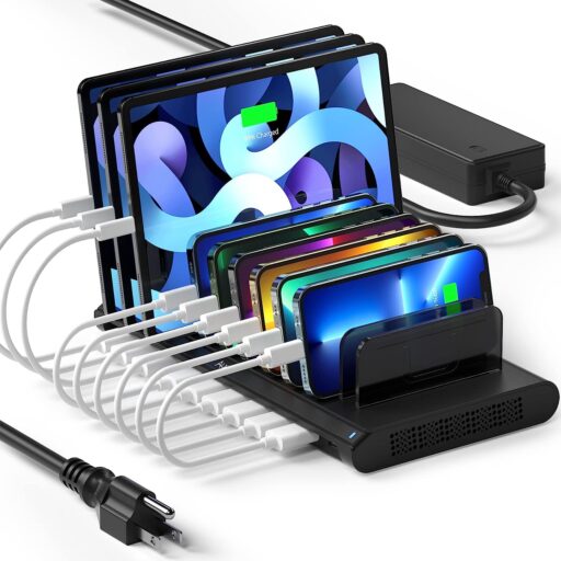 Alxum Estación de Carga Rápida USB de 120 W y 10 Puertos para Múltiples dispositivos con puerto tipo C/2 QC 3.0 certificado UL - Negro